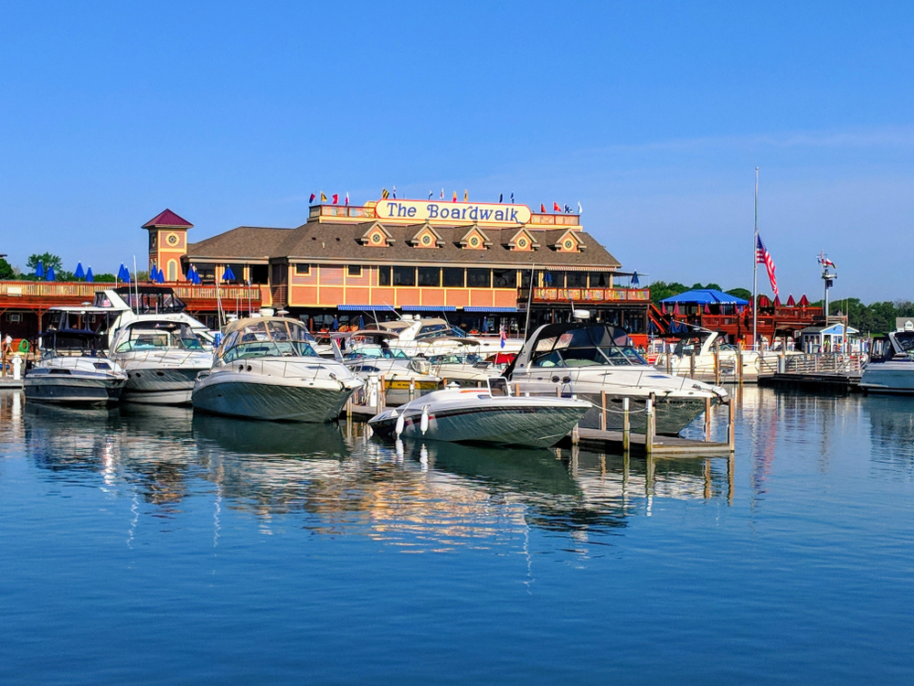 Boats tied up at A-Dock with the famous Boardwalk restaurant in the background.