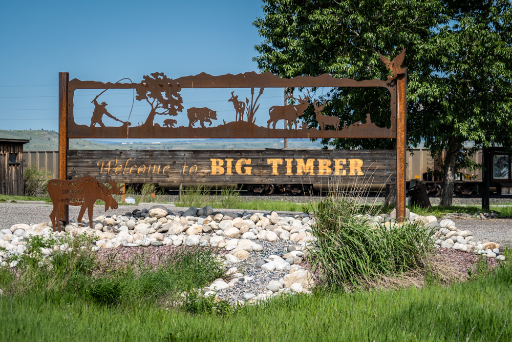 Metal and wood sign with wildlife and a fly fisherman saying, "Welcome to Big Timber."
