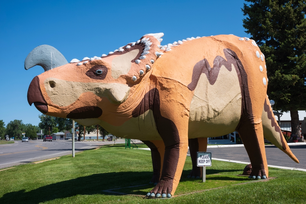 Colorful dinosaur statue in Choteau, Montana.