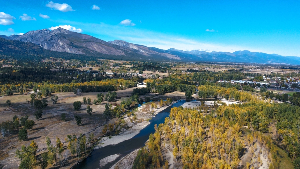 Aerial view of a river and forest with the town of Hamilton in the distance.