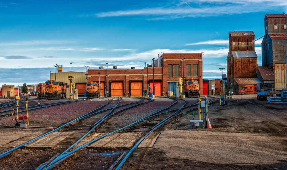 Historic train yard with train tracks in Havre, Montana.