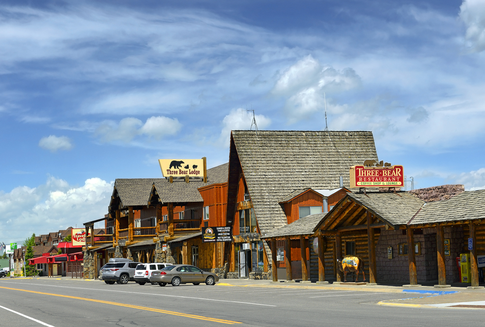 View looking downtown with log buildings in West Yellowstone, one of the best towns in Montana.