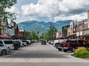 small town in Montana main street downtown with mountains in background