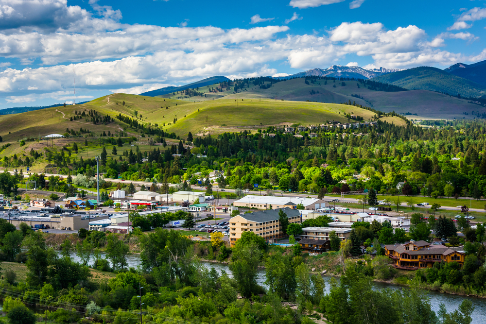 View looking down at Missoula, Montana, and the river where you can enjoy the best things to do in Missoula.