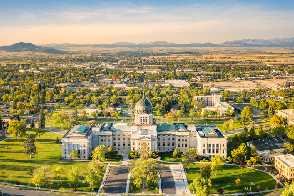 Aerial view of the city of Helena, Montana, featuring the State Capitol.