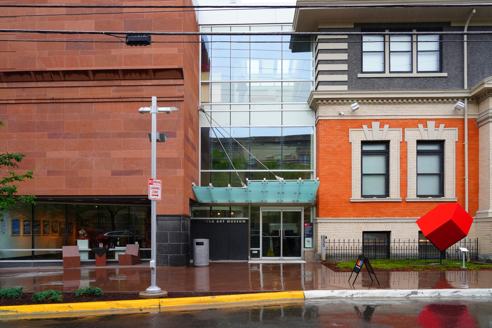 Exterior of the Missoula Art Museum on a rainy day.