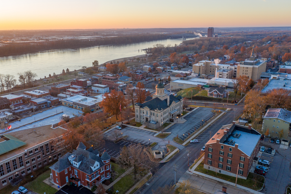 Aerial view of downtown St. Charles, MO, at dusk in the fall.