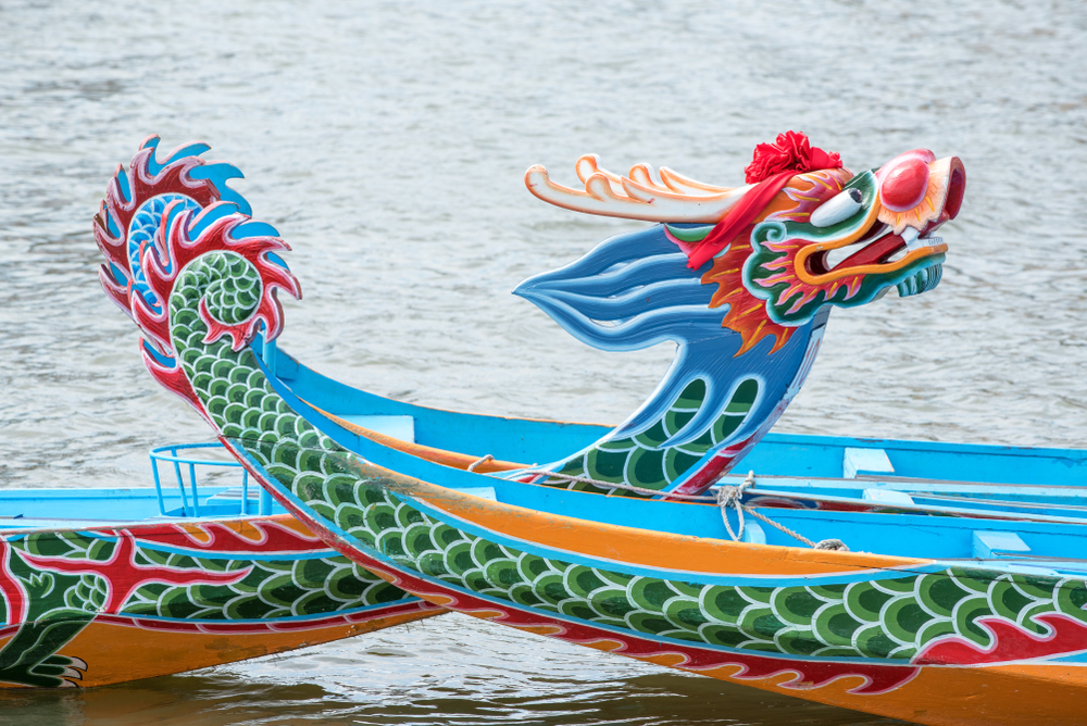 Colorful dragon boats in the lake.