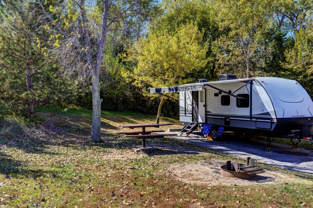 A camping trailer at a campsite in Branched Oak State Recreation Area.