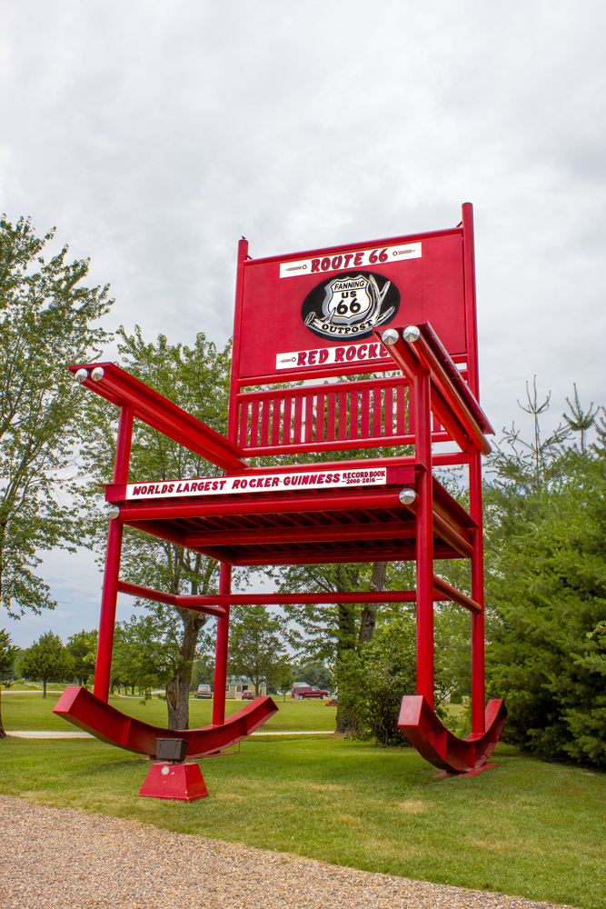 The giant Route 66 Red Rocker on a cloudy day.