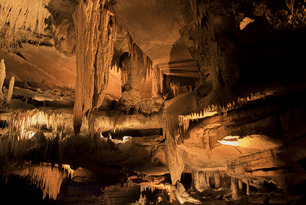 Ceiling of cave with stalactites in Squire Boone Caverns.