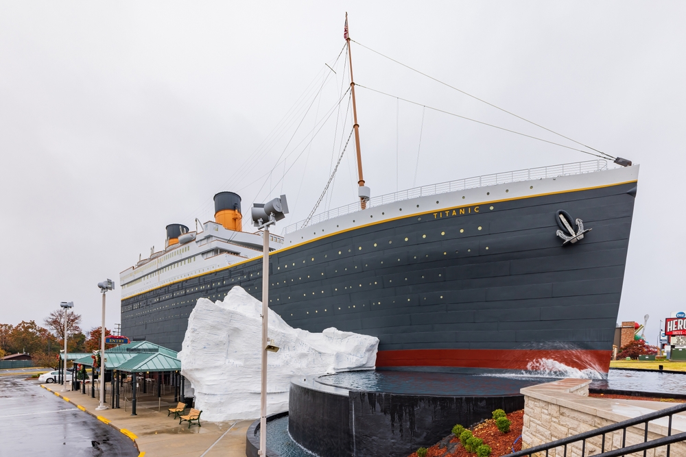 The Titanic Museum exterior looking like the real ship with an iceberg.