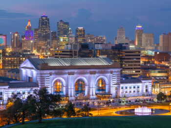 Night over the Kansas City skyline and Union Station, one of the best attractions in Missouri.