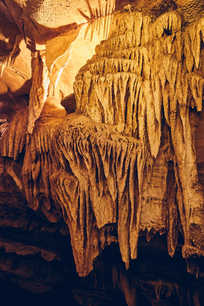 Draperies and stalactites in a cave in Indiana.