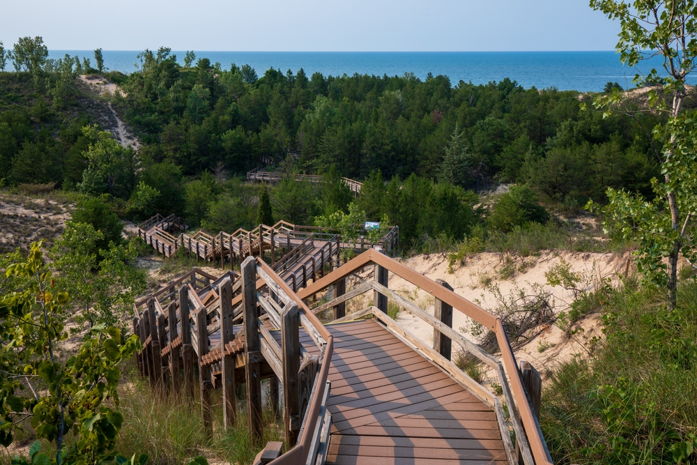 West Beach Dune Succession Trail, Indiana Dunes National Park lake shore in Summer. You can see the sea in the background. 