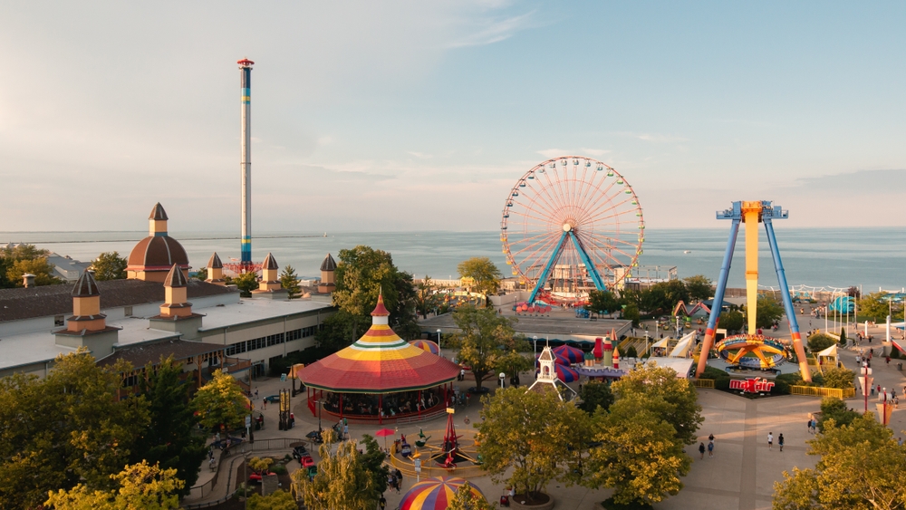 An aerial view of part of Cedar Point in Sandusky Ohio as the sun is setting