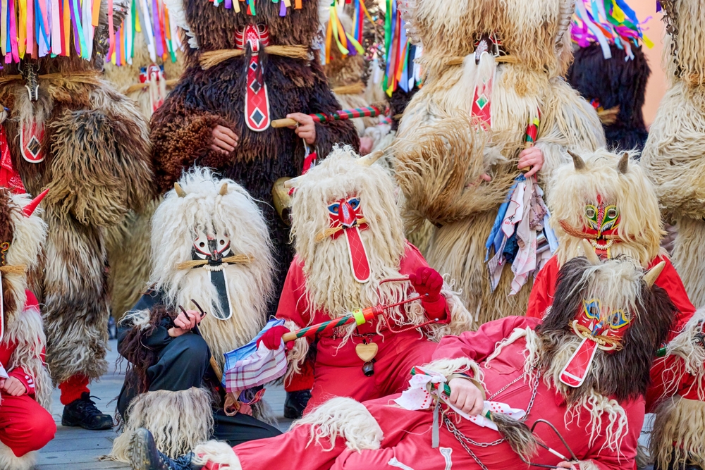 Colorful face of Kurent, Slovenian traditional mask, carnival time in an articel about events in Ohio. 