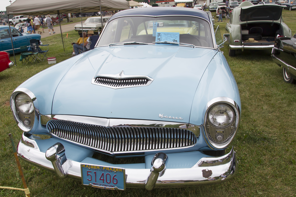 Front of Blue 1954 Kaiser Car at Iola 42nd Annual Car Show on Iola