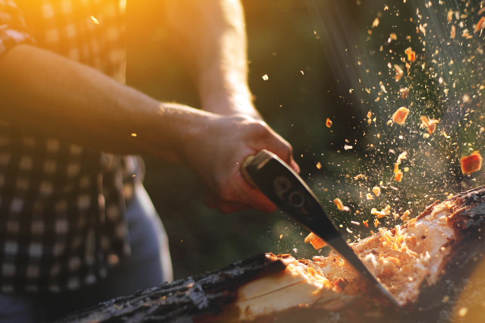 Strong lumberjack chopping wood, chips fly apart. Taken close up 