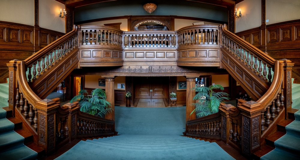 The ornate stairway in a historic Victorian era home in St. Paul Minnesota