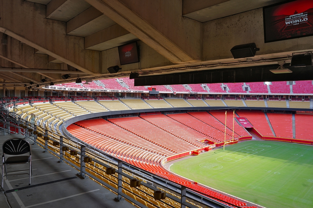 View from empty stands looking down at the football field at Arrowhead Stadium, one of the best attractions in Kansas City.