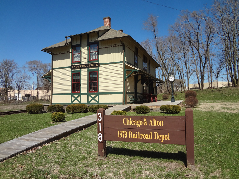 Exterior of the two-story Chicago and Alton Railroad Depot in Independence, MO.