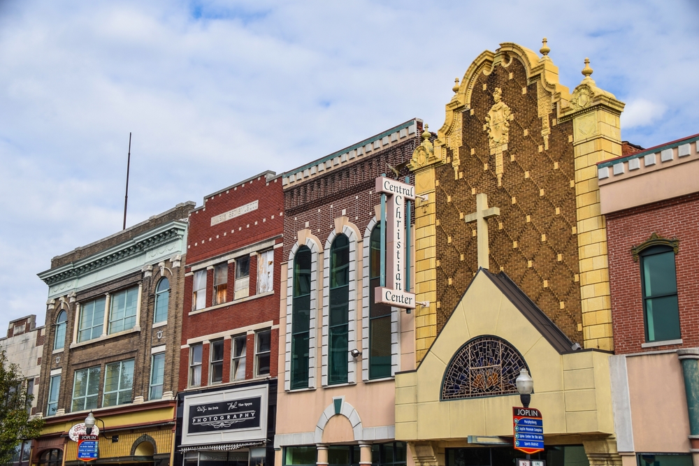 Facades of historic buildings in downtown Joplin, MO.