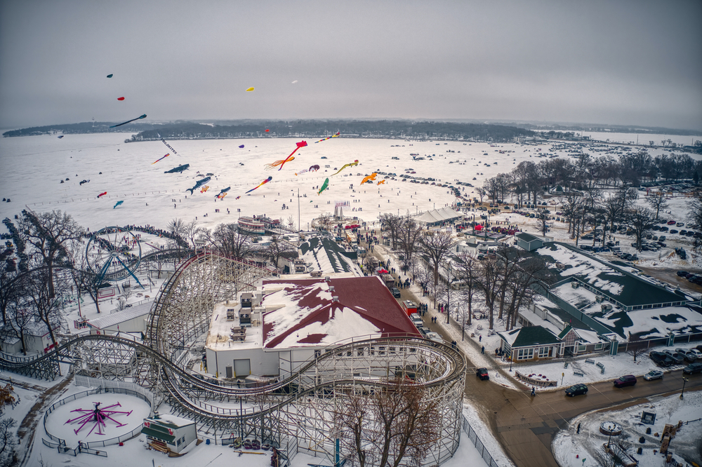 An aerial view of Lake Okoboji, one of the best lakes in Iowa, during the winter when the lake is frozen over