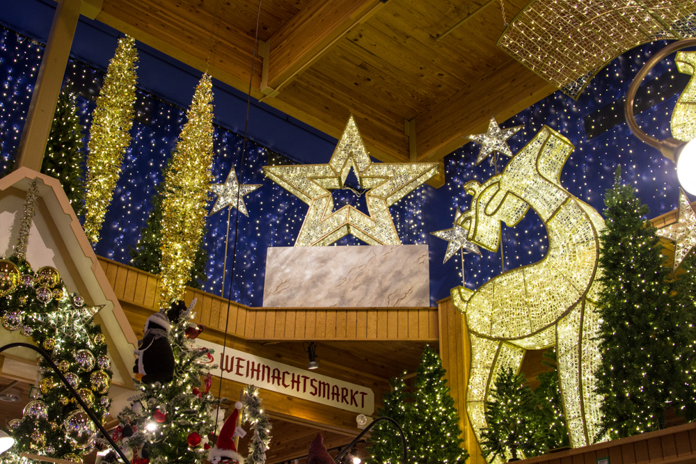 Christmas trees and light displays including a big star and reindeer at Bronner’s Christmas Wonderland.