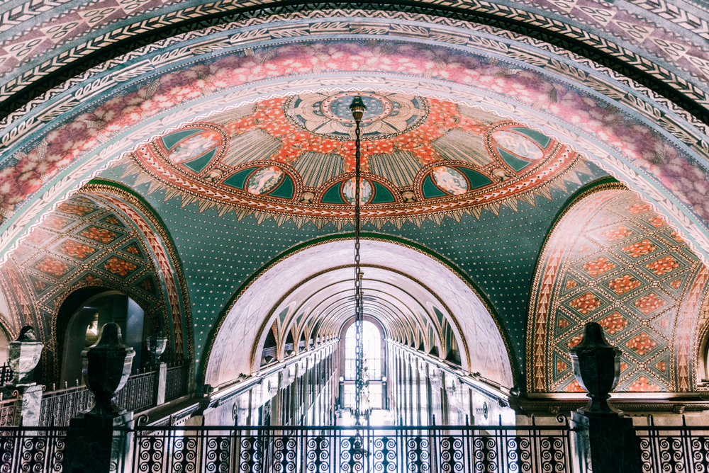 Domed ceiling with colorful mosaics in the Fisher Building, one of the best attractions in Michigan.