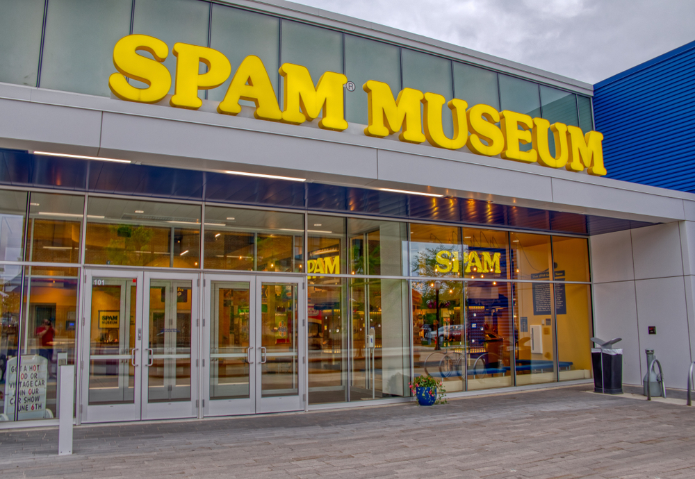 Big yellow sign over the entrance to the SPAM Museum, one of the best attractions in Minnesota.