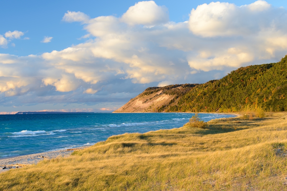 Golden hour over a beach at the Sleeping Bear Dunes National Lakeshore.