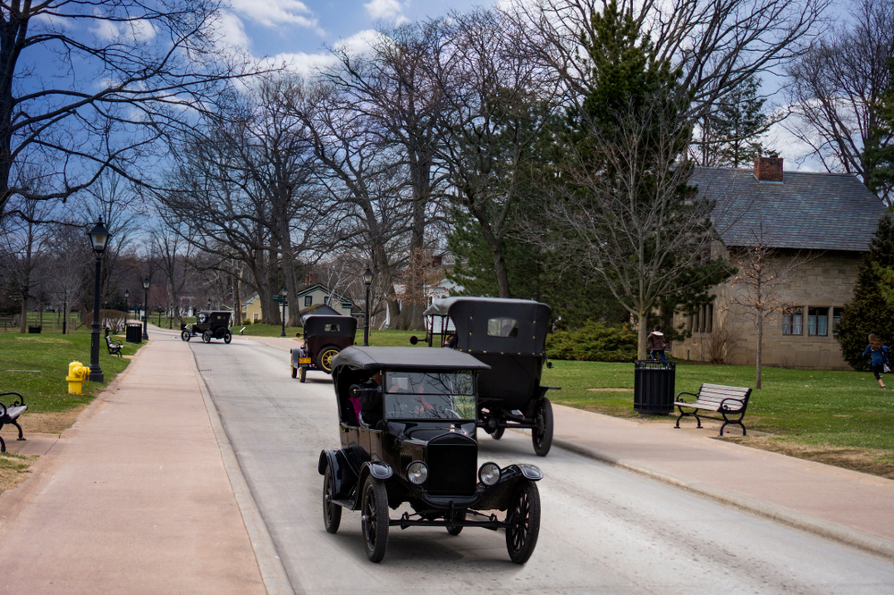 Ford t models on the street in the greenfield village one of the things to do in Dearborn MI 