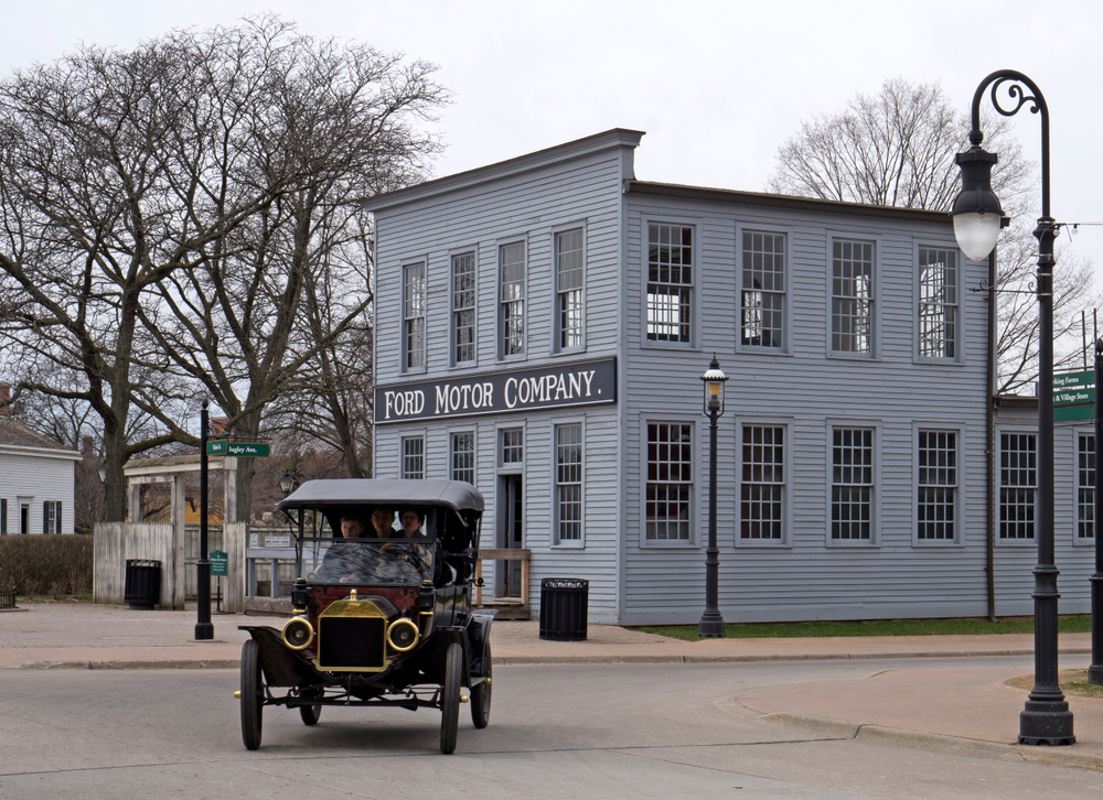  Ford t model in the greenfield village in front of The Ford Motor Company original building. One of the things to do in Dearborn, MI  