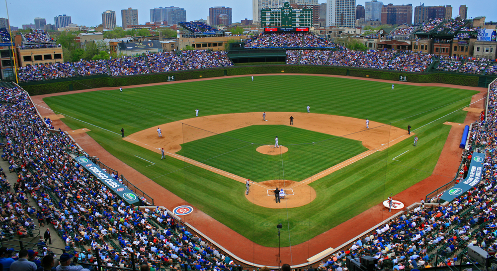 View looking down from the stands at a baseball game at Wrigley Field in Chicago.