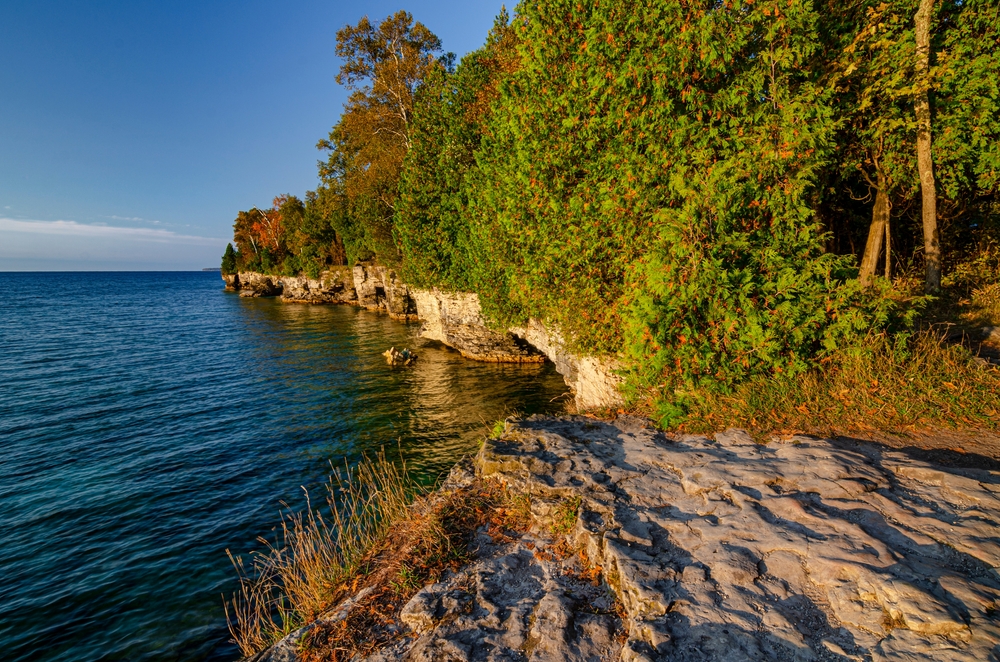 Rugged shoreline at Cave Point County Park, one of the best Door County attractions.