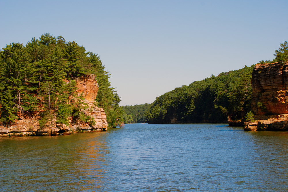 The Dells of the Wisconsin River with sandstone cliffs.
