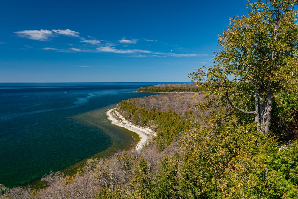View looking down at the lake at Peninsula State Park, one of the top Door County attractions.