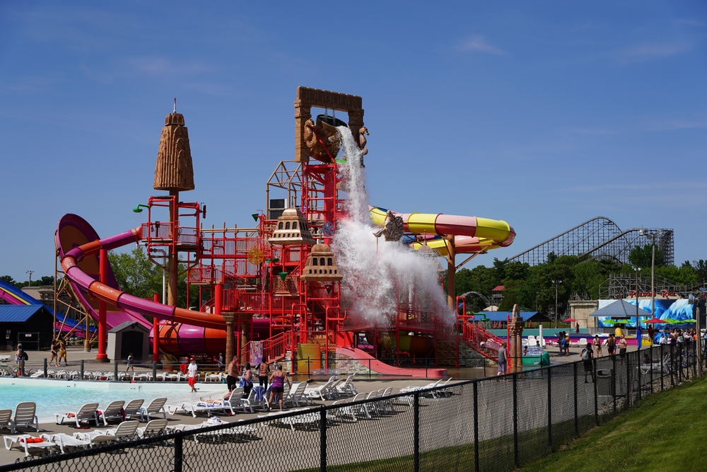 Water gushing down over a play area and slides at a waterpark in Wisconsin Dells.