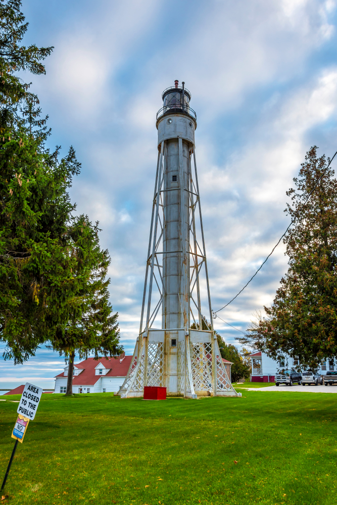 Sturgeon Bay Canal Light. A tall white tower style lighthouse. 
