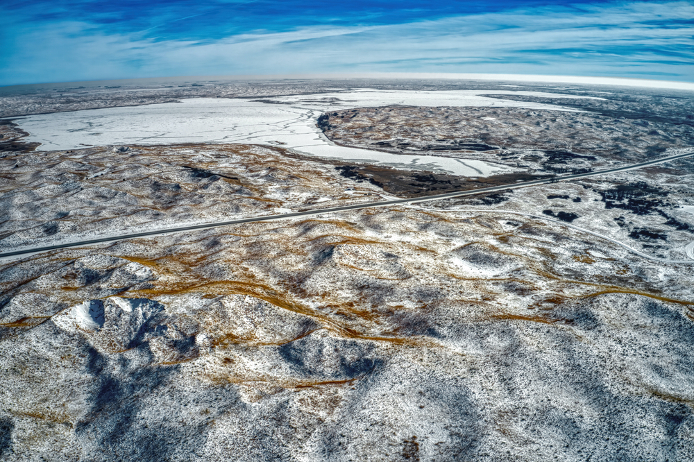 Aerial View of Nebraska Sandhills in Winter. One of the Midwest winter getaways