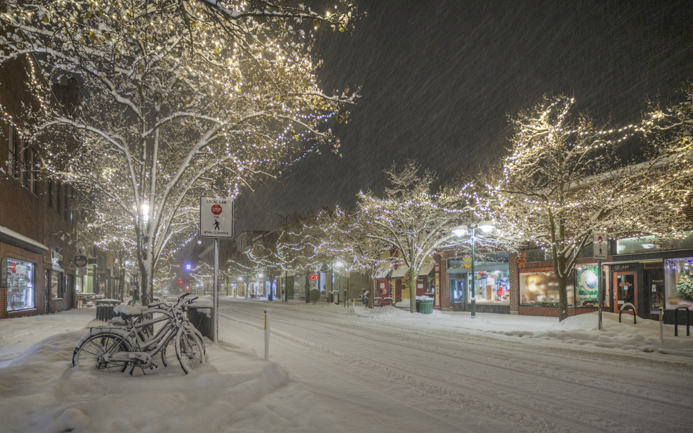 Downtown Traverse Michigan in the snow. The trees have lights on and their are bikes in the foreground. 