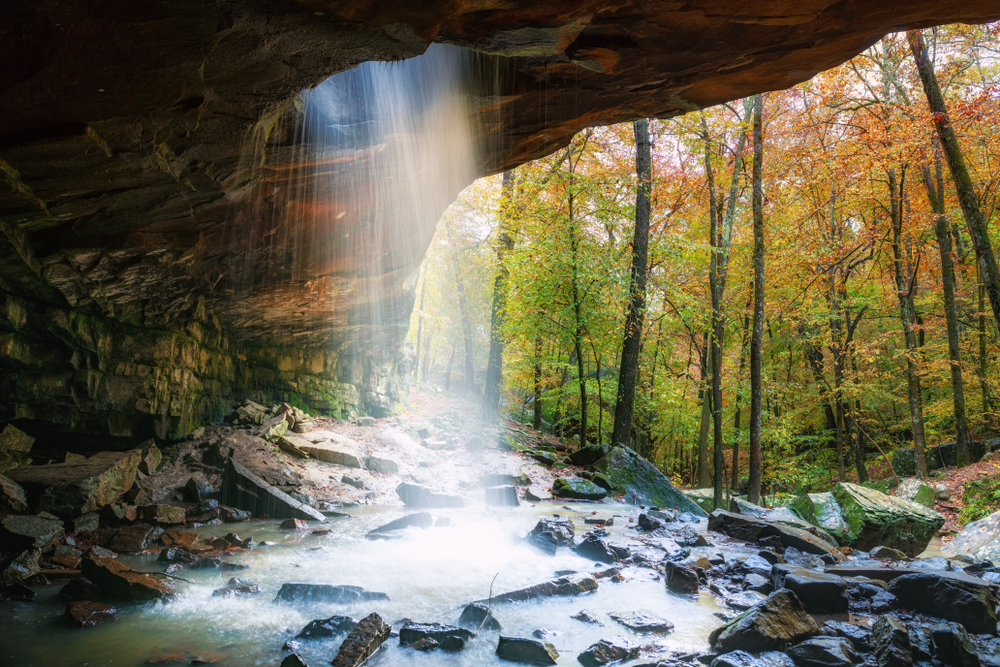 Ozark national forest glory hole falls in Autumn. One of the vacations in the midwest for families