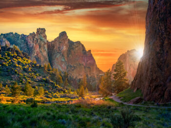 cliffs during sunset surrounded by trees and greenery