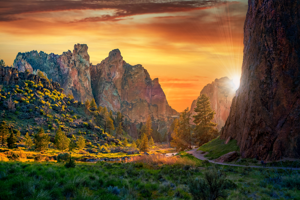 cliffs during sunset surrounded by trees and greenery