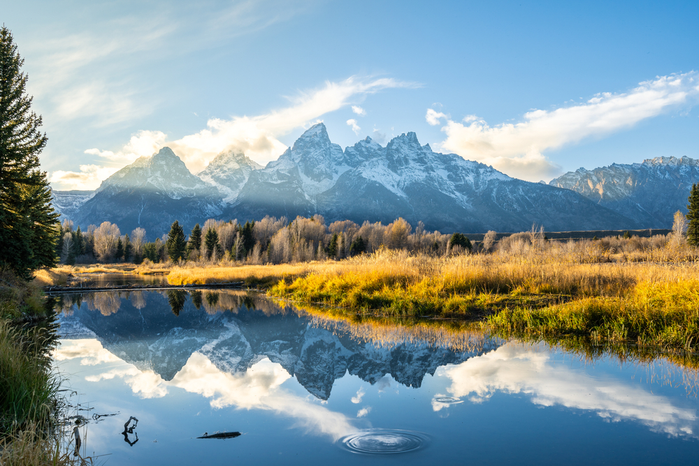 snow peak mountains with trees and lake in front of it