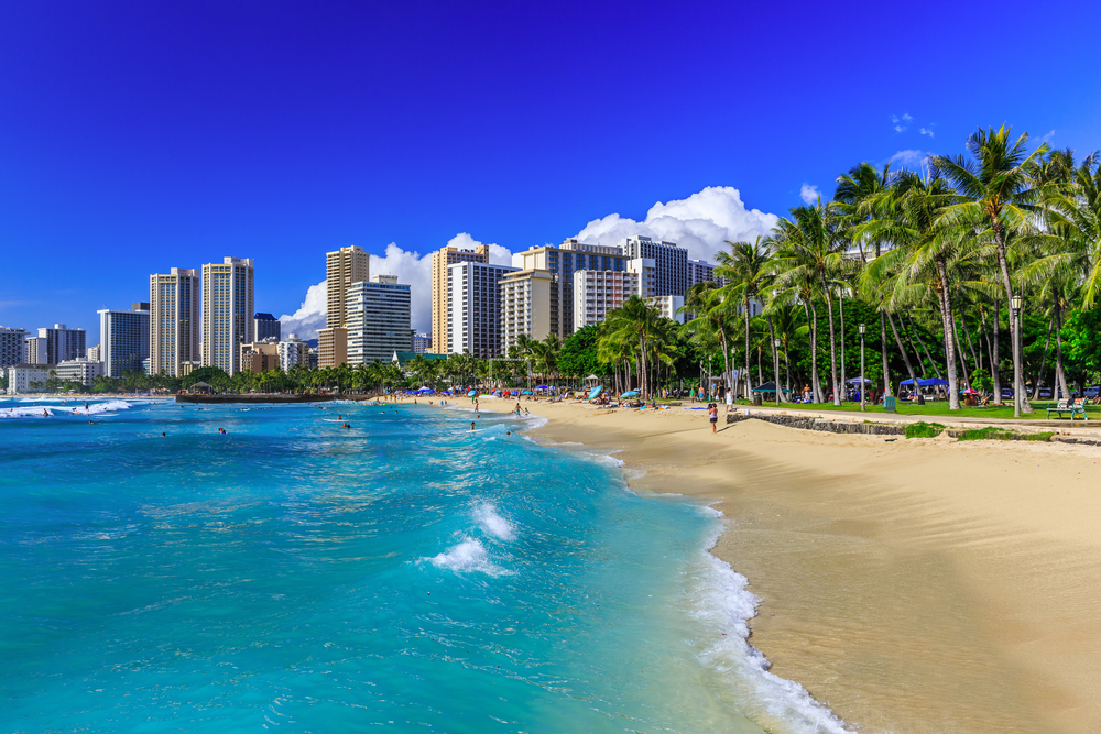 Honolulu, Hawaii. Waikiki beach and Honolulu's skyline.