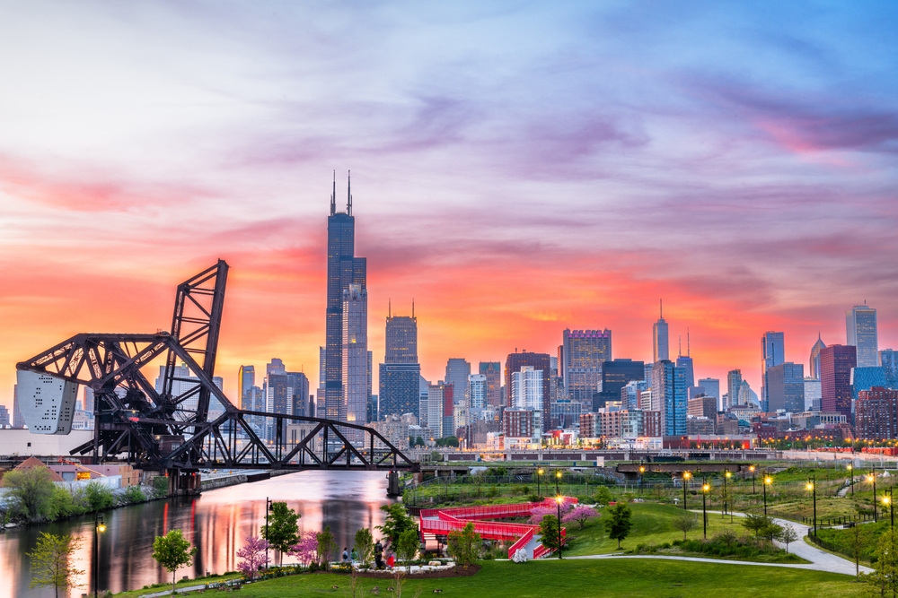 orange hues in the sky over lots of buildings in the distance what to wear in chicago