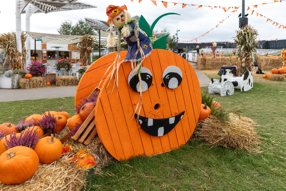 pumpkin face carved on a wooden wheel with fall decorations all around midwest fall festivals