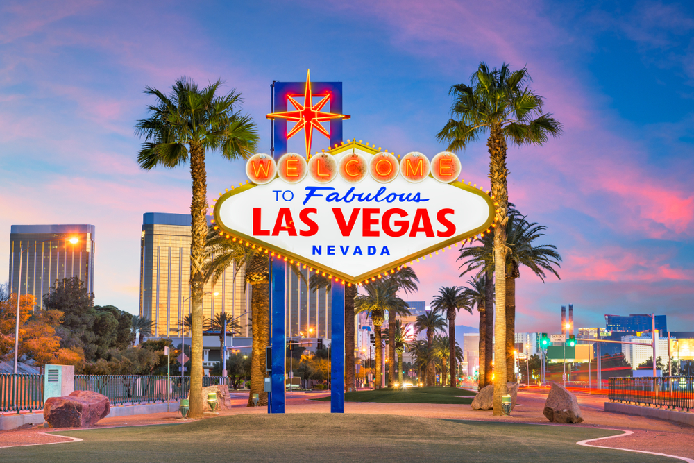signboard of welcome to las vegas fly from cleveland